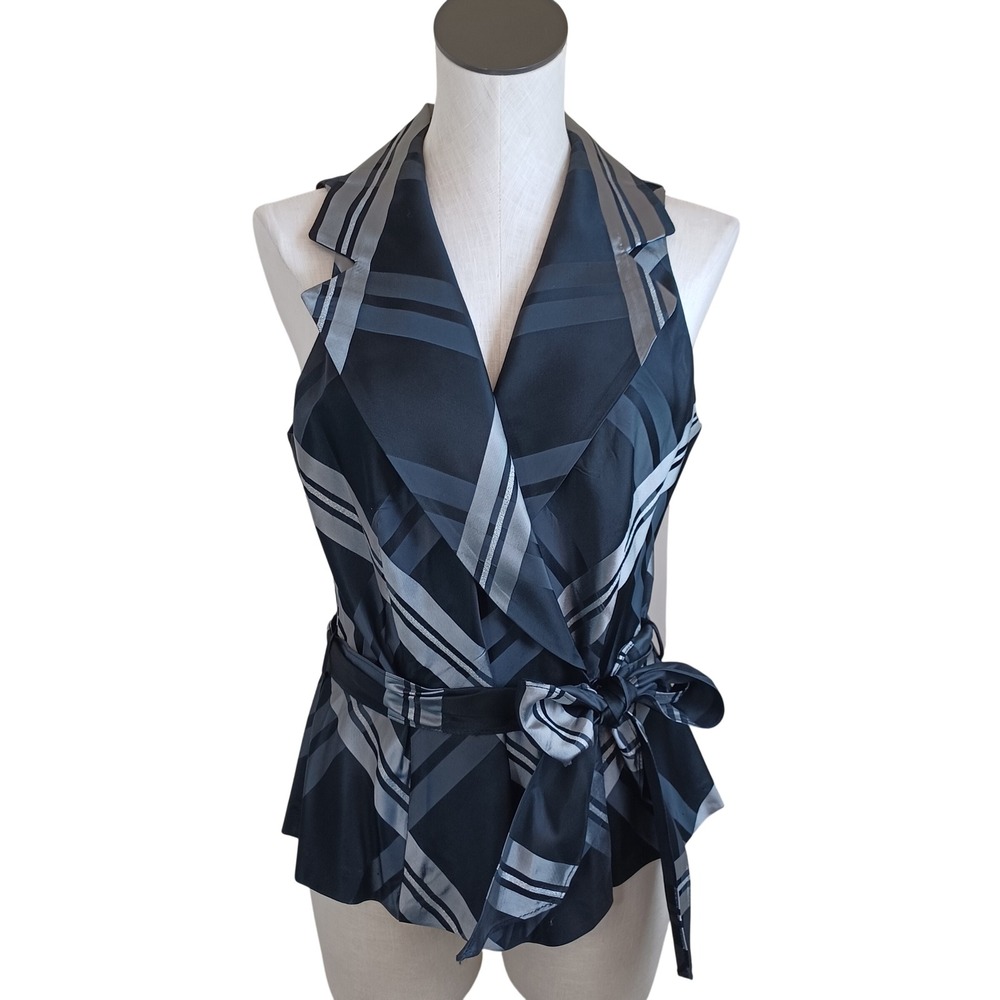 Patra Women 14 Black Silver Plaid Metallic Wrap Top Sleeveless Tie Waist Peplum